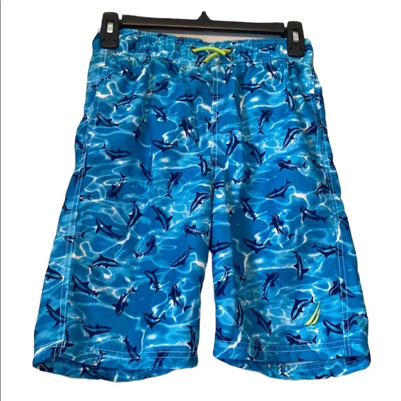 Nautical Shark Print Boys’ Turquoise Swim Trunks - Picture 1 of 10